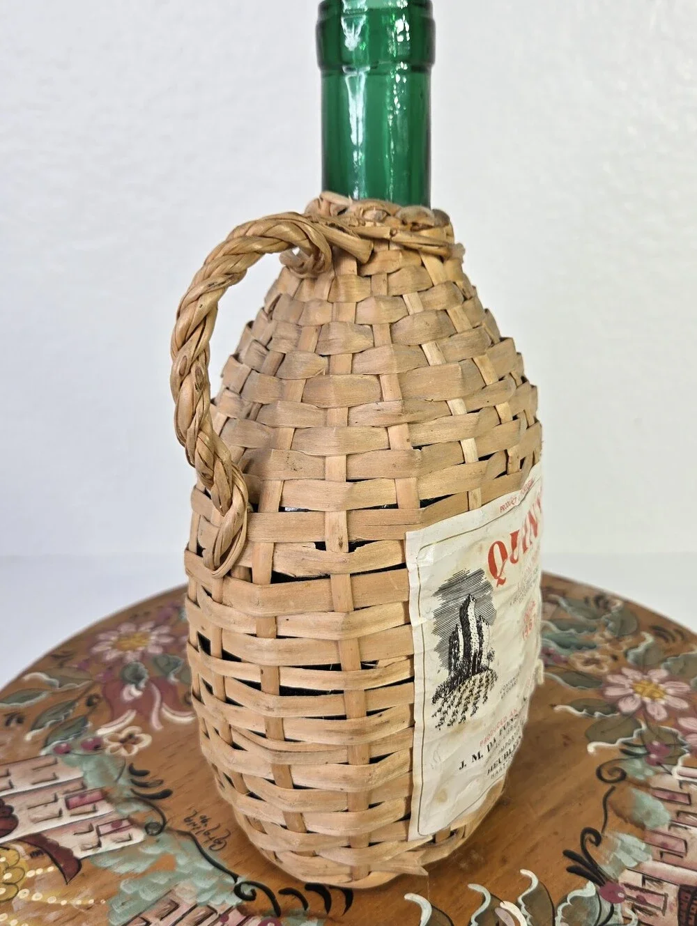 VTG Quinta Lisbon Wine Bottle Green Glass Wicker Wrapped Portugal 1967 Decor